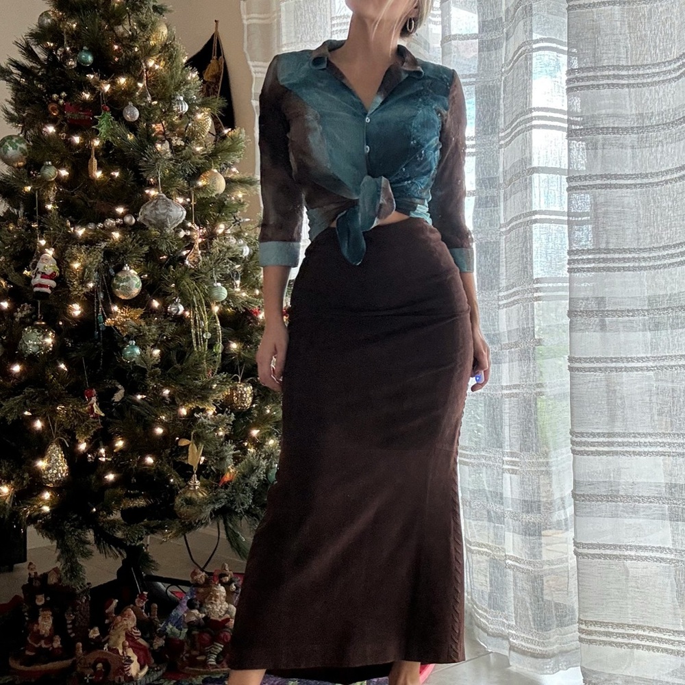 F. by Faconnable Suede Leather A-Line Western Maxi Skirt w/Side Stitch Details